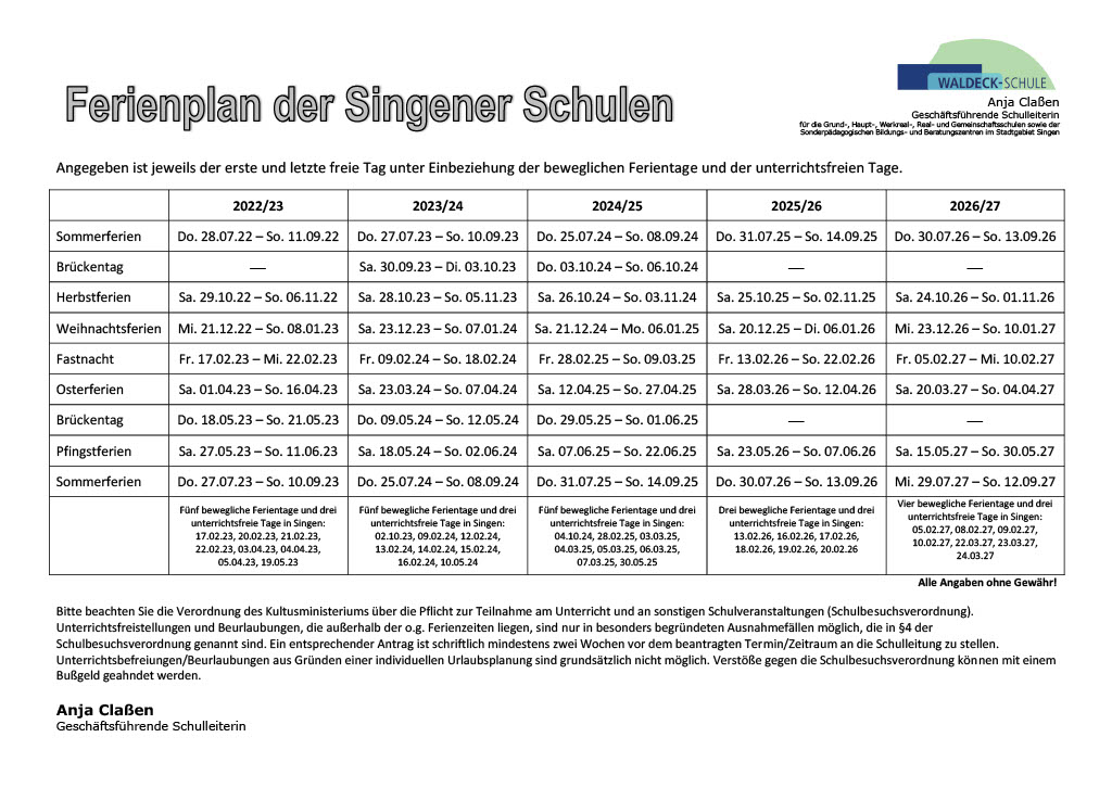 Ferienplan bis 26 27