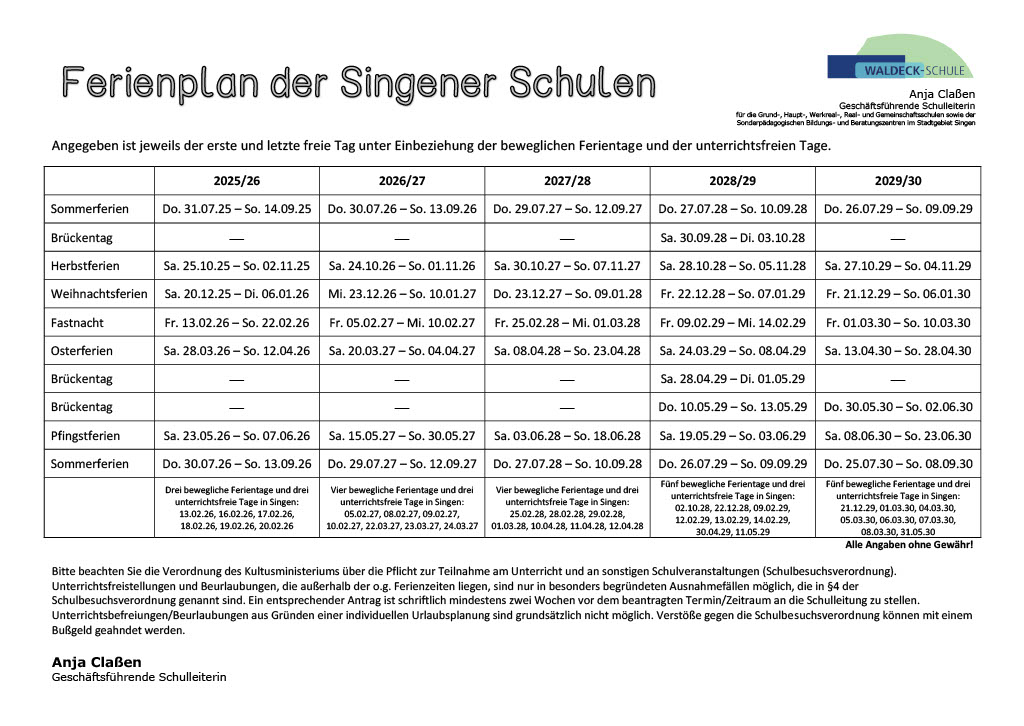 Ferienplan bis 29 30