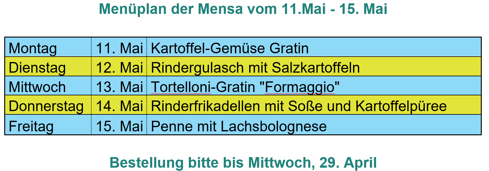 Menueplan bis 15 Mai