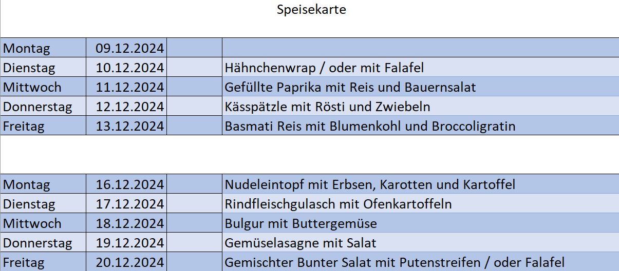 Speisekarte Dezember 1